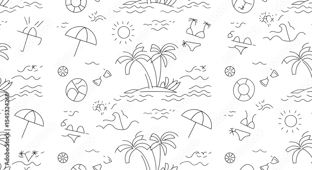 Seamless summer beach pattern with palm trees sun waves umbrella and swimwear in outline style. Seamless summer beach pattern with palm trees sun waves umbrella and swimwear in outline style.