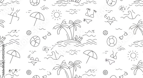 Seamless summer beach pattern with palm trees sun waves umbrella and swimwear in outline style.
