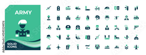 Army colorful vector solid icon set. Contains related to warfare, war, soldier, force, defense and more. Vector filled icons collection. Force filled icon set. Editable vector illustration.