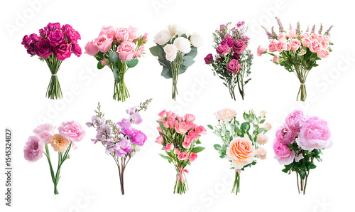 Ten Assorted Flower Bouquets Pink Peach White Roses Peonies and More On Transparent Background