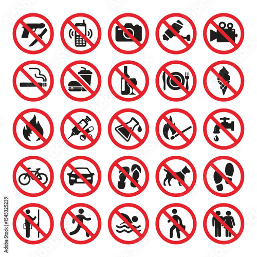 A set of vector prohibited parking signs, red stop symbols, and warning icons for no car parking on the road