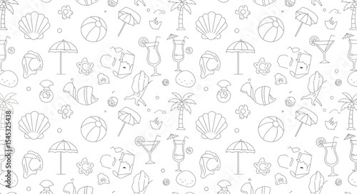 Summer themed line art pattern with beach balls cocktails and palm trees.