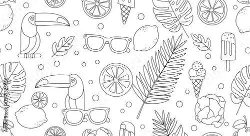 Summer themed line art pattern with toucans citrus slices and tropical leaves.