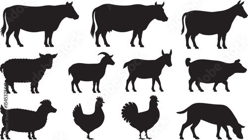 Black Silhouette Collection Farm Animals Cow Sheep Goat Pig Chicken Domestic Animals Farm Life Illustration