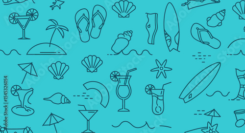 Summer themed pattern with cocktails surfboards shells and flip flops.