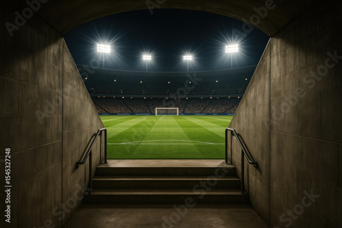Soccer stadium: players on a green field under bright lights.