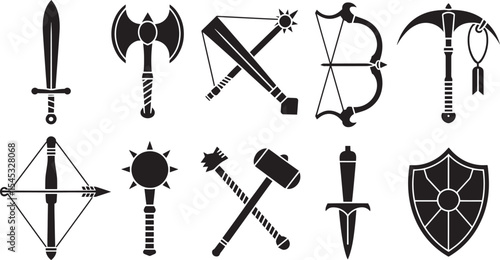 Collection of Black Silhouettes Medieval Weapons Swords Axes Bows Daggers Mace Crossbow Shield arrow
