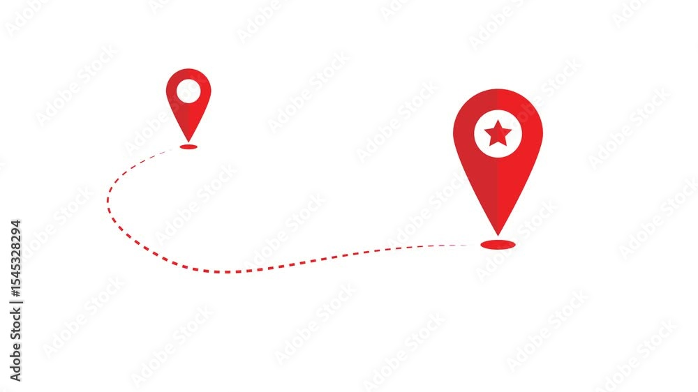 Two red location pin icon animations connected by dotted path on white ...