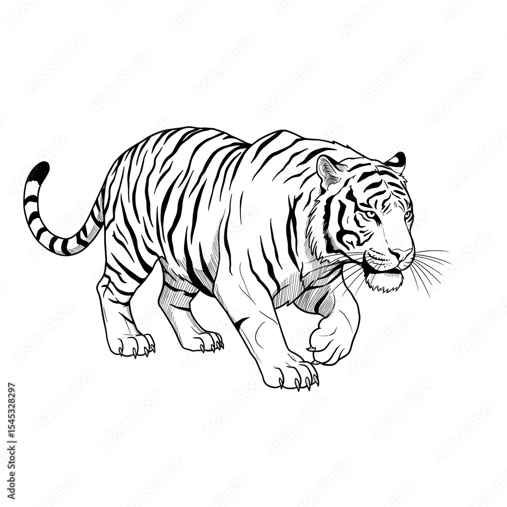 Obraz premium Tiger vector illustration on white background with striped Bengal feline wildlife animal
