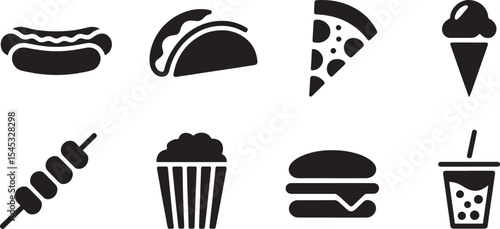 Eight Black and White Fast Food Icons Hot Dog Taco Pizza Ice Cream Skewer Popcorn Burger Drink hotdog