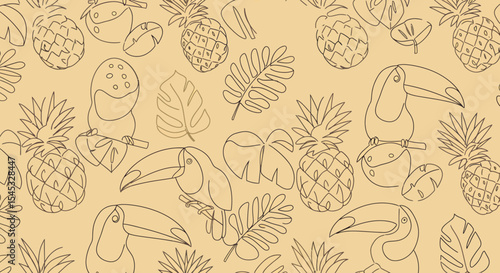 Tropical Line Art Pattern Toucans Pineapples and Exotic Leaves in Muted Tones.