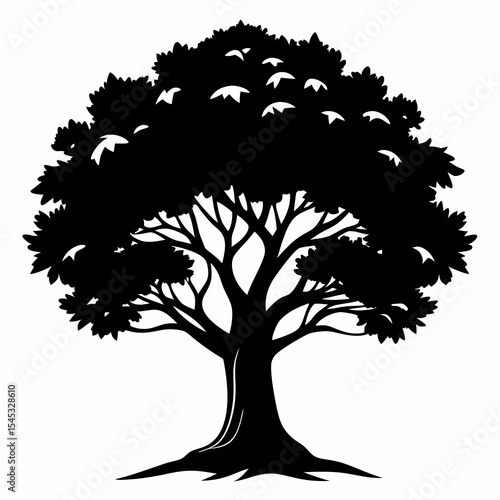 Silhouette of a leafy tree isolated on white background