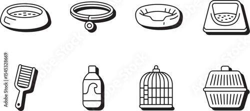 Eight Black and White Pet Supply Icons Food Bowl Collar Bed Litter Box Brush Shampoo Birdcage Carrier