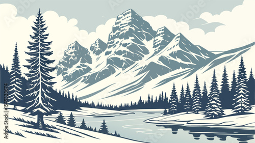 Vector flat winter landscape with snowy mountains, woods, spruce trees and fields covered with snow on blue sky