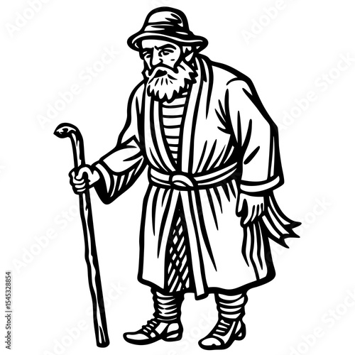 Old man with beard and staff isolated on white background