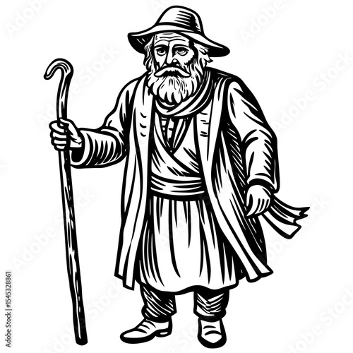 Old man with beard and staff isolated on white background