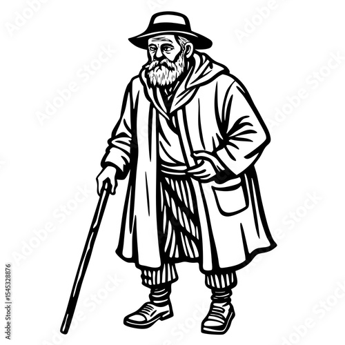 Old man with beard and staff isolated on white background