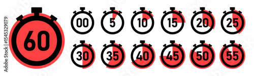 Stopwatch timer countdown clock set with 0 to 60 minutes in red color vector illustration. Best for timers, countdown, health fitness, marketing and app Ui graphics. Stopwatch icons flat vector.