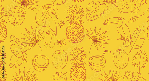 Tropical Pattern with Toucans Pineapples Coconuts and Palm Leaves.
