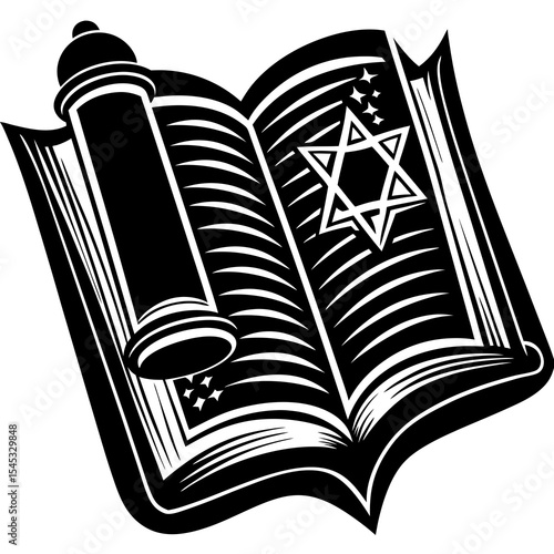 Open torah scroll with star of david isolated on white background