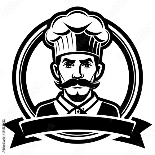 Chef portrait with mustache wearing a hat inside a circle frame