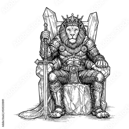 A Legendary Armored Lion Warrior King Sitting on a Crystal Throne Black and White Outline Line Art Drawing