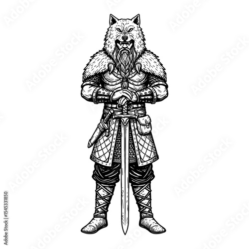 Wallpaper Mural A Legendary Warrior Wearing Wolf Headgear Holding Sword Black and White Outline Line Art Drawing Torontodigital.ca
