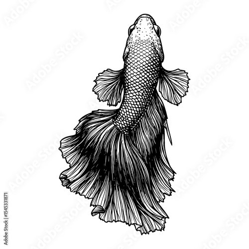 Beautiful Siamese Fighter Fish Top View Black and White Outline Line Art Drawing of a Graceful Betta