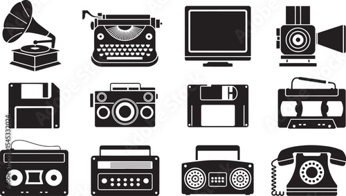 Vintage Technology Icons Blackand White Retro Gramophone Typewriter Computer Camera Floppy Disks Cassette Tape