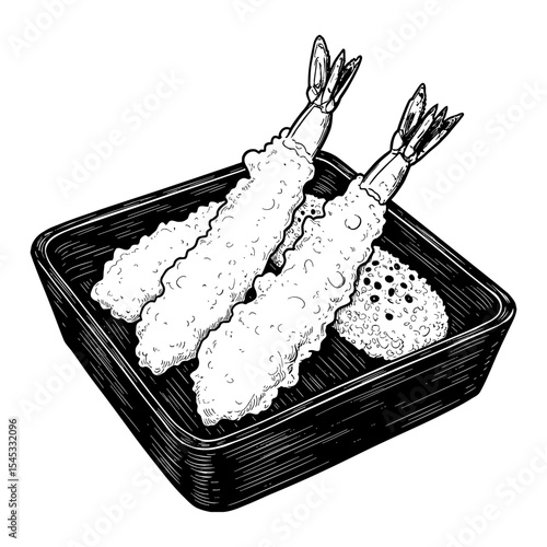 Traditional Japanese Tempura Shrimp in Rectangular Dish Black and White Outline Line Art Drawing