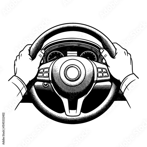 Driver Hands Gripping Car Steering Wheel Dashboard View Black and White Outline Line Art Drawing