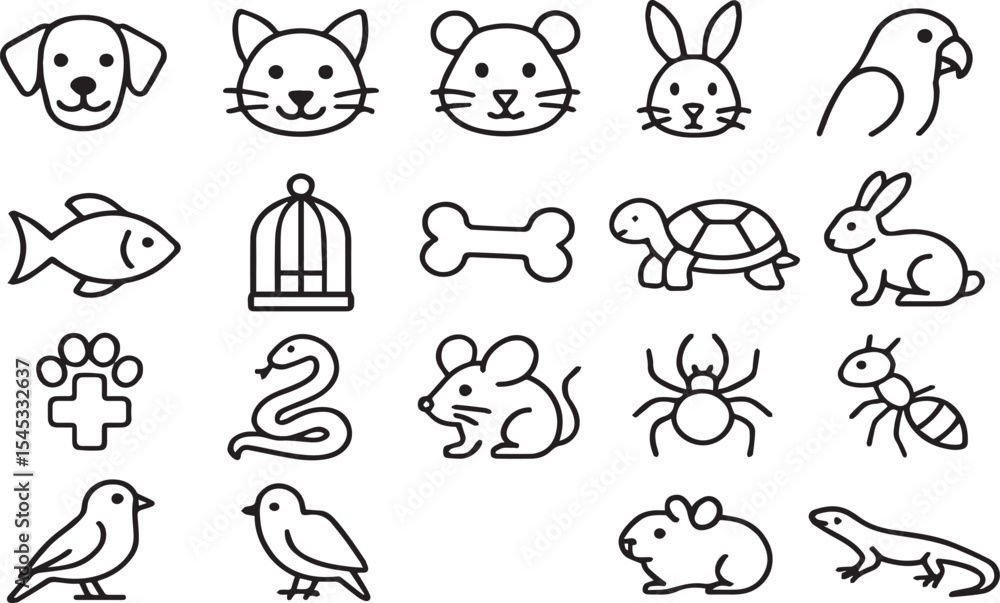 Fototapeta premium Pet Animal Line Icons Vector Set – Cute Outline Creatures & Symbols PNG