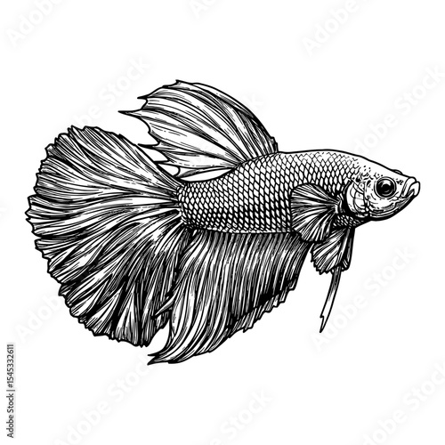 Beautiful Siamese Fighter Fish Perspective View Black and White Outline Line Art Drawing Detailed Isolated Aquatic Engraving