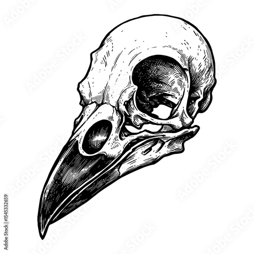 Detailed Crow Skull Side View Black and White Outline Line Art Drawing Engraved Style Animal Anatomy