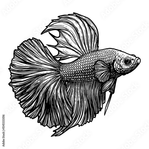 Beautiful Siamese Fighter Betta Fish Perspective View Black and White Outline Line Art Drawing