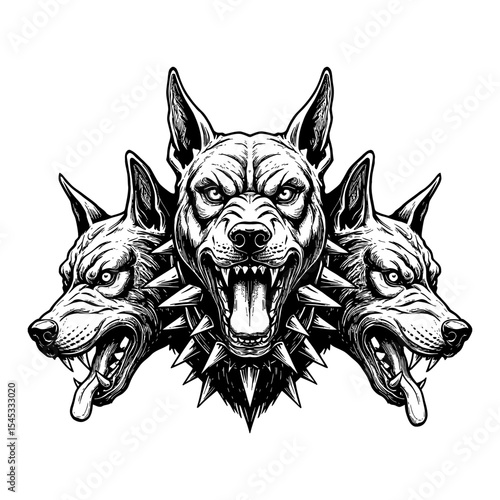 Detailed Cerberus Three Headed Dog from Hell Mythical Creature Aggressive Snarling Black and White Outline Line Art Drawing