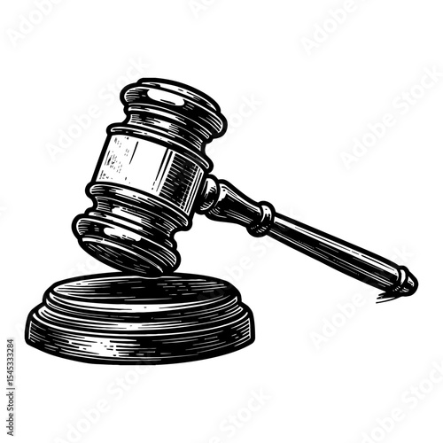 Traditional Wooden Gavel and Sound Block for Judge Law Court Justice Black and White Outline Line Art Drawing