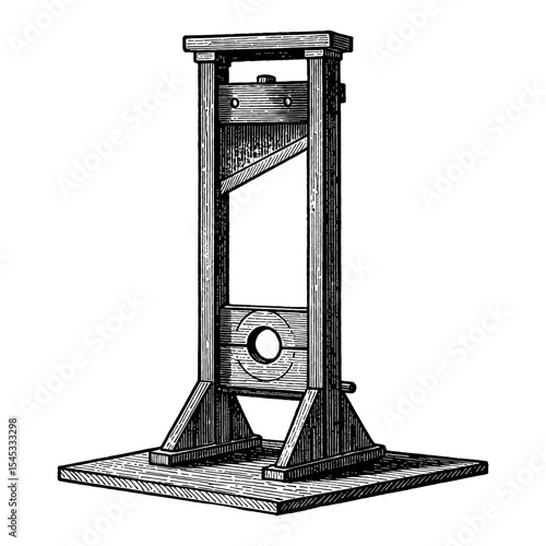 Vintage Guillotine Historical French Revolution Justice Execution Device Black and White Outline Line Art Drawing