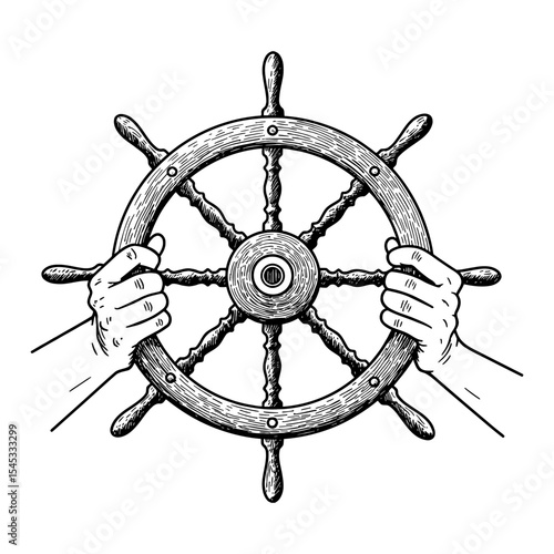 Two Hands Holding a Ship Steering Wheel POV View Vintage Antique Black and White Outline Line Art Drawing