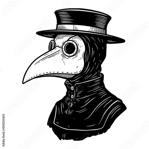 Detailed Plague Doctor Portrait Head with Beaked Mask and Top Hat Black and White Outline Line Art Drawing
