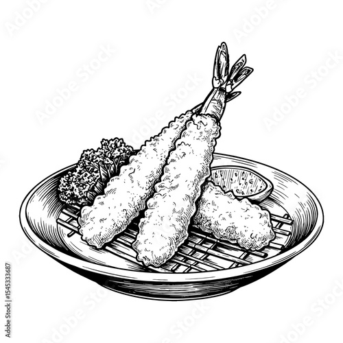 Crispy Fried Tempura Shrimp on Plate with Dipping Sauce Black and White Outline Line Art Drawing
