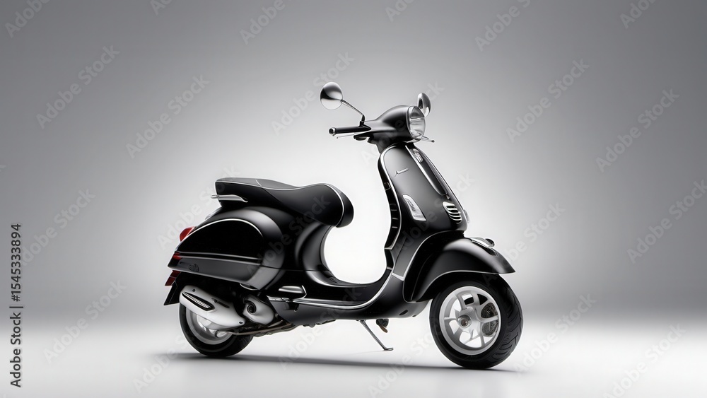 Obraz premium Matte black Vespa Sprint stands out on a pure white infinity cove studio background, perfect for concepts of modern transportation and premium lifestyle.