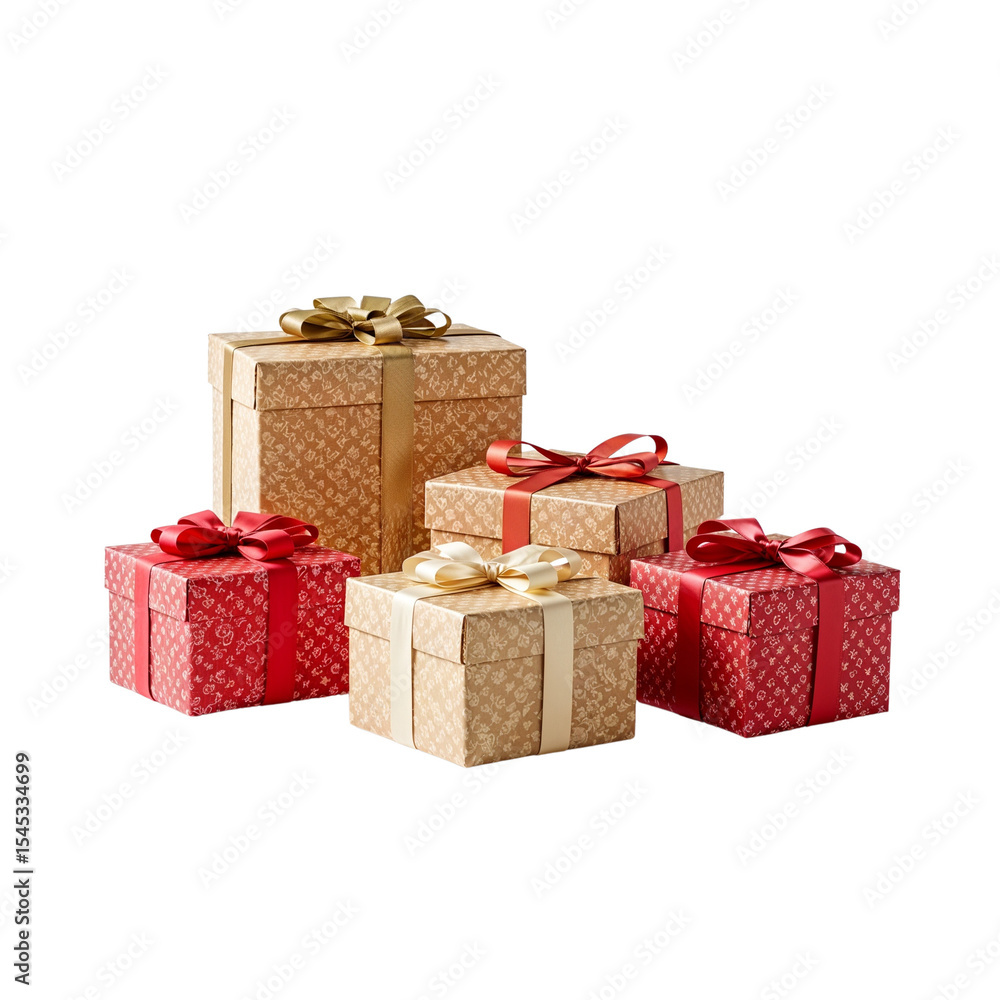 Obraz premium Assorted gift boxes with ribbons in red and gold colors 