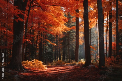 Vibrant autumn forest with orange foliage and sunlight filtering through trees in a serene woodland setting
