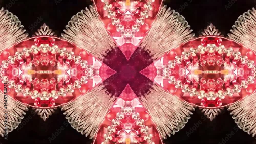 A symmetrical, kaleidoscopic design featuring intricate patterns and vibrant colors.