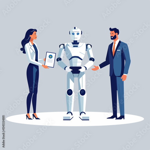 Ai robot gets an employee of the month award from a business person for a digital transformation or acceleration concept as artificial intelligence and technology takes over or replaces human talent