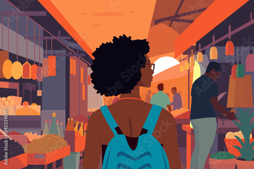 Rear view of a black woman walking at a local flea market at sunset on a solo vacation for a slow travel concept. African American tourist looking at food stalls in a village fair on summer holiday