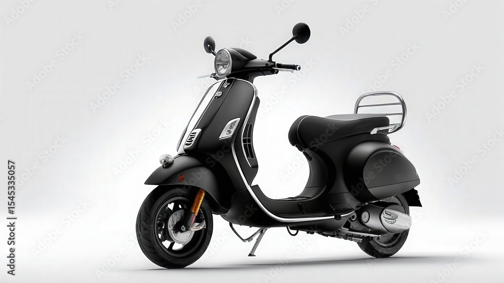 Obraz premium Sleek matte black Vespa Sprint displayed on a pure white infinity cove studio background, emphasizing style, elegance, and contemporary urban mobility.