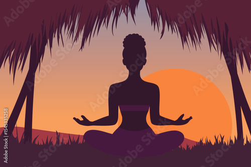 Black woman meditating in nature at sunset on a wellness retreat during summer vacation. Deep, easy breathing with mindfulness of an African American person finding inner peace through yoga on holiday