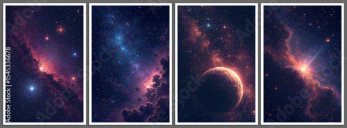 Set of pixelated posters with futuristic deep space scene in pixel art style with dithering effect. Retro space background for vintage cover, flyer, magazine or banner. Vector 8-bit illustration